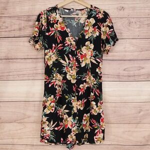 Roxy Dress Womens M Black Floral Button Front V Neck Shirt Dress Casual Summer